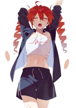 1girl ahoge alternate_costume alternate_hair_length alternate_hairstyle arms_up baguette black_jacket black_shirt blush bread camisole collarbone cowboy_shot drill_hair facing_viewer flat_chest food food_print hair_between_eyes hashtag-only_commentary highres jacket kasane_teto long_hair navel open_clothes open_jacket open_mouth print_background red_hair samsap shirt simple_background sleepy solo stretching twin_drills ultra_trailer_(synthesizer_v) utau white_background white_camisole