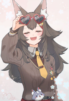 1girl animal_ears black_hair black_shirt blush brown_cardigan cardigan closed_eyes commentary_request eyewear_on_head hair_ornament hairpin heart heart-shaped_eyewear highres hololive long_hair mia960 multicolored_hair necktie official_alternate_costume ookami_mio ookami_mio_(10th_costume) open_mouth red_streaks shirt smile solo streaked_hair sunglasses virtual_youtuber white_background wolf_ears wolf_girl yellow_necktie