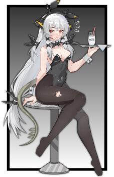 1girl absurdres alternate_costume arknights black_bow black_bowtie black_leotard border bow bowtie breasts bright_pupils brown_pantyhose chinese_commentary cleavage collarbone commentary_request covered_navel cup detached_collar drink drinking_glass drinking_straw feet flying_sweatdrops full_body gradient_background grey_hair hair_ornament highres holding holding_tray leotard long_hair medium_breasts milk muusn on_stool outside_border pantyhose playboy_bunny red_eyes sitting solo stool strapless strapless_leotard tail toes torn_clothes torn_pantyhose traditional_bowtie tray very_long_hair weedy_(arknights) white_border white_pupils wrist_cuffs x_hair_ornament