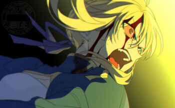 0304rong0304 1girl absurdres artoria_pendragon_(fate) blonde_hair blood blood_from_mouth blood_in_hair blood_on_clothes blood_on_face bloody_tears braid braided_bun breasts cleavage cleavage_cutout clothing_cutout commentary_request fate/stay_night fate_(series) gradient_background hair_bun hair_ribbon highres korean_commentary open_mouth portrait ribbon saber_(fate) single_hair_bun small_breasts solo