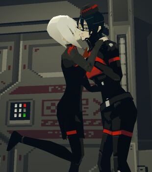 2girls 3d android ariane_yeong atelier_(arainydancer) black_hair blue_eyes closed_eyes cyberpunk elster_(signalis) hat joints kiss kissing_cheek multiple_girls robot_joints science_fiction signalis smile yuri