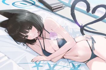 1girl animal_ears bikini black_eyes black_hair black_nails black_tail blue_archive blue_bikini blue_halo blush book breasts cat_ears cat_girl cat_tail cleavage commentary_request condom criss-cross_halter criss-cross_straps fieryonion flower halo halterneck highres kikyou_(blue_archive) kikyou_(swimsuit)_(blue_archive) layered_bikini looking_at_viewer lying multiple_tails navel official_alternate_costume on_side short_hair side-tie_bikini_bottom solo stomach swimsuit tail two_tails