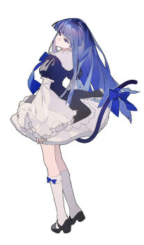 1girl black_dress blue_bow blue_bowtie blue_hair blunt_bangs bow bowtie cat_tail dress floating_clothes frederica_bernkastel frilled_shirt_collar frilled_sleeves frills from_behind full_body gothic_lolita half-closed_eyes high_heels highres kneehighs lobelia_(saclia) lolita_fashion long_hair looking_ahead looking_back mary_janes puffy_sleeves purple_eyes shoes sleeves_past_wrists socks solo tail tail_bow tail_ornament umineko_no_naku_koro_ni white_socks wide_sleeves