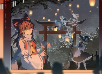 Rule 34 | 5girls, absurdres, bare shoulders, beret, black gloves, black hair, black hat, black shoes, black skirt, black vest, blonde hair, blue bow, blue dress, boots, bow, branch, breasts, brown hair, chinese commentary, commentary, dress, fairy wings, frilled bow, frilled hair tubes, frilled skirt, frills, gloves, hair bow, hair tubes, hakurei reimu, hat, highres, kirisame marisa, lantern, loafers, long hair, long sleeves, luna child, maisuiren, mary janes, mountainous horizon, multiple girls, neckerchief, night, outdoors, paper lantern, red bow, red sash, red shirt, red skirt, ribbon-trimmed sleeves, ribbon trim, sash, scarf, shirt, shoes, sidelocks, skirt, sleeveless, sleeveless shirt, small breasts, star sapphire, sunny milk, torii, touhou, tree, two side up, very long hair, vest, white dress, white hat, white scarf, white sleeves, wide sleeves, wings, yellow neckerchief