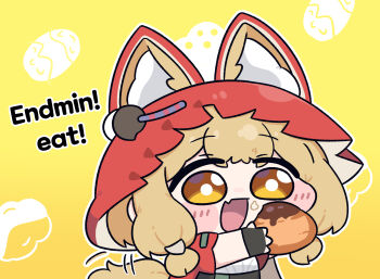 1girl :d animal_ear_fluff animal_ears arknights arknights:_endfield beleullin blonde_hair cape chibi chibi_only commentary_request ears_through_headwear english_text fang food food_on_face highres holding holding_food hood hood_up hooded_cape korean_commentary open_mouth red_cape rossi_(arknights) skin_fang smile solo tail tail_wagging wolf_ears wolf_girl wolf_tail yellow_eyes