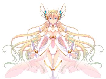 1girl blonde_hair blue_eyes breasts cleavage detached_collar detached_sleeves dress en_ciel_rena en_ciel_rena_(laelith) expressionless game_cg gradient_hair green_hair hair_ornament kourin_tenshi_en_ciel_rena large_breasts large_variant_set leotard long_hair looking_at_viewer magical_girl multicolored_hair non-web_source official_art saitou_natsuki see-through_clothes solo standing suhamaya thighhighs tomoe_rena transparent_background variant_set very_long_hair white_thighhighs