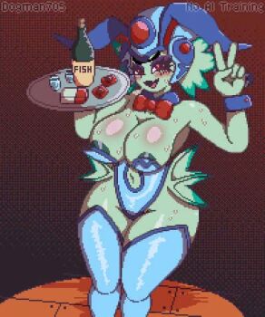 1girl adapted_costume alternate_breast_size_(larger) animated areola_slip blush bouncing_breasts breasts clothing_cutout curvy digimon digimon_(creature) dogman705 female_focus fins frog_girl head_fins helmet highleg highleg_leotard highleg_one-piece_swimsuit leotard monster_girl navel_cutout one-piece_swimsuit ranamon shiny_skin strapless strapless_leotard sweat tagme v video waitress wide_hips