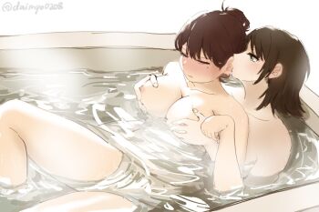 2girls bang_dream! bang_dream!_it&#039;s_mygo!!!!! black_hair blue_eyes blush breasts commentary_request daimyo0208 groping highres large_breasts medium_hair multiple_girls nipples nude open_mouth purple_eyes same-sex_bathing shared_bathing shiina_taki short_hair yahata_umiri yuri