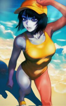 1girl arm_at_side arm_up armpits artist_name bare_shoulders baseball_cap beach black_hair blue_skin blunt_bangs bob_cut breasts collarbone colored_skin commentary day empty_eyes ena:_dream_bbq ena_(dream_bbq) ena_(series) eyelashes flip-flops ghost_hua gold_hat gold_one-piece_swimsuit hat highres large_breasts no_pupils ocean one-piece_swimsuit outdoors parted_lips purple_eyes red_skin sand sandals shaded_face shading_eyes shadow short_hair signature solo swimsuit untranslatable_commentary water waves yellow_sandals