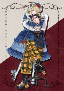 Rule 34 | 1boy, 1girl, amata (kanazawa shinnosuke), androgynous, animal print, arms around neck, arms up, baggy pants, beret, black boots, black corset, blonde hair, blue bonnet, blue dress, blue eyes, blue shoes, blush, bodice, bonnet, boots, border, bow, chain, chain necklace, choker, collar, commentary request, corset, crossdressing, crossdressing (mtf), crossed legs, dress, dress shirt, earrings, eyeshadow, fishnets, flower, footwear bow, frilled bonnet, frilled collar, frilled dress, frilled sleeves, frills, front-to-back, full body, hair between eyes, hair slicked back, half-closed eyes, hand on another's face, hanku (kanazawa shinnosuke), hat, high heels, highres, jewelry, kaisha to shiseikatsu, kanazawa shinnosuke, lace, lace-up boots, lace pantyhose, leopard print, lipstick, lolita fashion, long sleeves, looking at viewer, makeup, medium hair, mole, mole under eye, multiple rings, necklace, official art, on stool, ornate border, pants, pantyhose, parted lips, plaid clothes, plaid pants, pumps, purple hair, red background, red flower, red lips, red nails, red rose, ring, rose, shirt, shoes, sitting, stool, sun ornament, two-tone background, white background, white pantyhose, wrist belt, yellow eyes, yellow pants