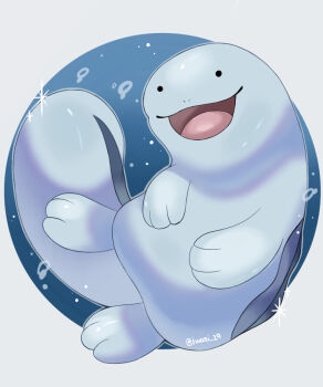 Rule 34 | animal focus, artist name, blue background, commentary request, gen 2 pokemon, iwasi 29, nintendo, no humans, open mouth, pokemon, pokemon (creature), quagsire, smile, solid circle eyes, sparkle, tail, tongue, twitter username, two-tone background, white background