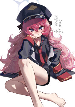 Rule 34 | 1girl, :/, absurdres, armband, artist name, barefoot, black coat, black hat, black shirt, black skirt, blue archive, blush, chinese commentary, closed mouth, coat, collared shirt, commentary request, dated, elbow on knee, fluffy hair, foot out of frame, grey eyes, grey halo, hair between eyes, halo, hand on own cheek, hand on own face, hat, head rest, highres, iroha (blue archive), knee up, long hair, long sleeves, looking at viewer, military hat, necktie, nose blush, open clothes, open coat, pencil skirt, red armband, red hair, red necktie, safety pin, shirt, signature, simple background, single off shoulder, single sleeve past fingers, sitting, skirt, slit pupils, solo, very long hair, weidao haochi de guozi, white background