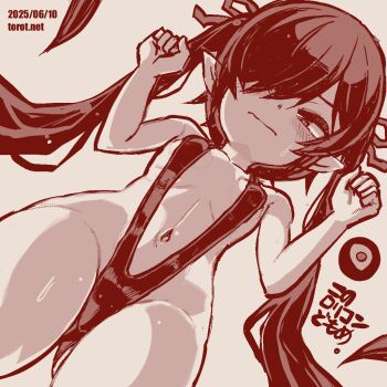 1girl backbeako_(torotei) backbeard blush breasts closed_mouth commentary_request cowboy_shot dated dated_commentary dutch_angle from_below gegege_no_kitarou hair_over_one_eye hair_ribbon hands_up kono_lolicon_domome light_frown loli long_hair looking_at_viewer monochrome navel one_eye_closed original paid_reward_available pointy_ears red_theme ribbon ribs simple_background slingshot_swimsuit small_breasts solo sweat swimsuit torotei translated twintails very_long_hair watermark web_address white_background