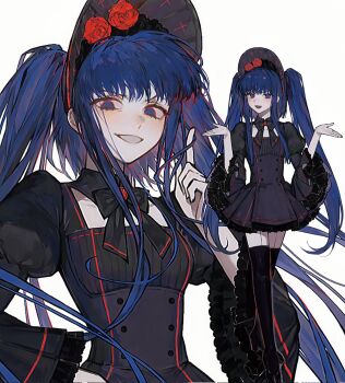 Rule 34 | 1girl, alternate costume, black bonnet, black bow, black dress, black thighhighs, blue eyes, blue hair, bonnet, bow, buttons, choker, cross, dress, dual persona, flower, frills, furudo erika, hair ornament, hashtag-only commentary, hat, highres, kkuang, long hair, open mouth, puffy sleeves, red flower, red rose, rose, shrugging, smile, solo, striped bow, striped clothes, thighhighs, twintails, umineko no naku koro ni, wide sleeves, zettai ryouiki