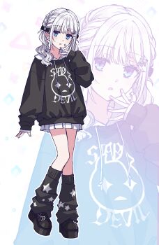 1girl :o absurdres black_bow black_hoodie black_shoes black_socks blue_eyes bow braid commentary_request drawstring full_body grey_hair hair_bow hand_to_own_mouth hand_up highres hood hood_down hoodie houkago_sai_tensei! kurami_utaho long_sleeves loose_socks nail_polish parted_lips pink_nails pleated_skirt print_socks puffy_long_sleeves puffy_sleeves shoes skirt sleeves_past_wrists socks solo somechime_(sometime1209) standing star_(symbol) star_print white_background white_skirt zoom_layer