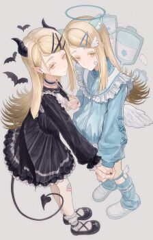 Rule 34 | 2girls, absurdres, angel, angel wings, animal ears, bandaid, bandaid on cheek, bandaid on face, bandaid on knee, bandaid on leg, bat (animal), black dress, black horns, black nails, black shoes, black tail, black wings, blonde hair, blue halo, blue jacket, blue leg warmers, blue nails, closed mouth, collar, colored eyelashes, crane666, demon, demon horns, demon tail, demon wings, detached collar, dress, dual persona, earrings, feathered wings, fingernails, flipped hair, frilled collar, frilled dress, frilled shirt collar, frills, from above, full body, gakuen idolmaster, grey background, hair ornament, hairclip, halo, highres, holding hands, horns, idolmaster, intravenous drip, jacket, jewelry, leg warmers, long hair, long sleeves, looking at viewer, low wings, multiple girls, orange eyes, pointy ears, puffy long sleeves, puffy sleeves, shinosawa hiro, shoes, simple background, smile, socks, stud earrings, swept bangs, tail, tenshi kaiwai, track jacket, traditional halo, white shoes, white socks, white wings, wing hair ornament, wings, x hair ornament, zipper, zipper pull tab