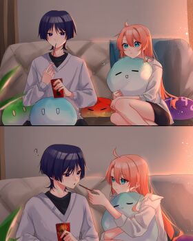 1boy 1girl :t ? ahoge alternate_costume aqua_eyes arrow_(symbol) artist_self-insert black_hair black_shirt black_skirt blunt_ends casual cheek_bulge closed_mouth collared_shirt contemporary couch couple double-parted_bangs earrings eyelashes feeding food food_in_mouth genshin_impact hair_between_eyes hands_up head_rest hetero highres holding holding_food holding_pillow indoors jewelry legs_together long_hair long_sleeves looking_at_another oc_x_canon original pencil_skirt pillow pink_hair plant pocky purple_eyes scaramouche_(genshin_impact) shirt sitting skirt slime_(genshin_impact) smile stuffed_toy tareme three-quarter_sleeves tsurime undershirt v-neck white_shirt white_sleeves wispy_bangs yoontrsh