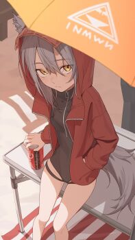 1girl animal_ears arknights beach black_one-piece_swimsuit blush breasts closed_mouth day ears_through_hood from_above grey_hair hair_between_eyes hand_in_pocket highres hood hood_up hooded_jacket jacket looking_at_viewer medium_breasts official_alternate_costume one-piece_swimsuit open_clothes open_jacket outdoors projekt_red_(arknights) projekt_red_(light_breeze)_(arknights) red_jacket shoujo_l solo swimsuit tail thighs wolf_ears wolf_girl wolf_tail yellow_eyes