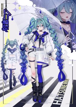 1girl absurdres ankkoyom aqua_eyes aqua_hair asymmetrical_legwear black_boots blue_hair blue_nails blue_thighhighs blush boots character_name closed_eyes closed_mouth collarbone full_body gradient_hair hair_between_eyes hair_ornament hatsune_miku highres holding holding_umbrella jacket long_hair long_sleeves looking_at_viewer low-tied_long_hair multicolored_hair musical_note open_mouth rain see-through_clothes shorts smile standing stomach thigh_strap thighhighs transparent transparent_umbrella twintails umbrella vocaloid white_jacket white_shorts