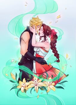 Rule 34 | 1boy, 1girl, absurdres, aerith gainsborough, bare arms, bare shoulders, black gloves, black pants, black vest, blonde hair, blue eyes, braid, braided ponytail, breasts, brown hair, cloud strife, couple, cowboy shot, dress, falling petals, final fantasy, final fantasy vii, final fantasy vii: advent children, flower, forehead-to-forehead, gloves, green eyes, hair between eyes, halter dress, halterneck, hand in another's hair, hand on another's waist, heads together, hetero, highres, kingdom hearts, kingdom hearts ii, lifestream, lily (flower), long hair, looking at another, medium breasts, official alternate costume, pants, parted bangs, petals, pink dress, popped collar, robasarel, short hair, sidelocks, single bare shoulder, single braid, spiked hair, two-tone dress, vest, white dress, yellow flower, yellow petals