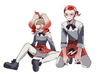 1boy 1girl apron black_bow black_bowtie black_shoes bow bowtie closed_eyes commentary_request ebi_(shrimp_eleven) eyelashes glasses grey_shirt griselle_(pokemon) grisham_(pokemon) highres jewelry kneeling multicolored_hair nintendo open_mouth pantyhose pokemon pokemon_legends:_z-a ponytail print_apron red_eyes ring shirt shoes short_ponytail shorts simple_background sitting spread_legs sweatdrop three-quarter_sleeves two-tone_hair waist_apron