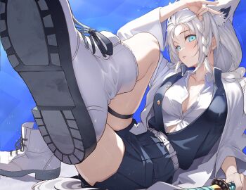1girl animal_ear_fluff animal_ears aqua_eyes braid breasts cleavage coat collarbone commentary_request fox_ears fox_girl fox_shadow_puppet fox_tail hair_between_eyes highres holding holding_sword holding_weapon hololive hololive_gamers katana long_hair looking_at_viewer pants pleated_shorts sharc shirakami_fubuki shoe_soles shoes side_braid sidelocks single_braid solo sword tail thigh_strap virtual_youtuber weapon white_coat white_hair white_shoes