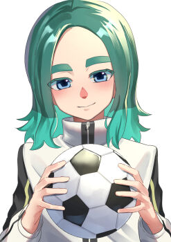 1boy absurdres aqua_hair bad_tag ball blue_eyes blush highres holding holding_ball inazuma_eleven_(series) inazuma_eleven_victory_road jacket looking_at_viewer male_focus medium_hair multicolored_hair sasanami_unmei simple_background soccer_ball solo tsukuno_tsuki two-tone_hair upper_body white_background white_jacket