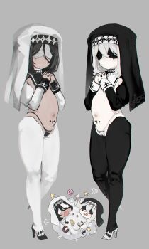 2girls absurdres black_hair black_veil blindfold cleft_of_venus dark-skinned_female dark_skin donut female_focus fighting flat_chest food full_body grey_background habit hair_between_eyes hans.b high_heels highres inverted_colors loli mirror_opposites multiple_girls navel nun original own_hands_clasped own_hands_together pale_skin praying reverse_bunnysuit reverse_outfit simple_background standing stomach symmetry thighhighs thong veil white_hair white_veil