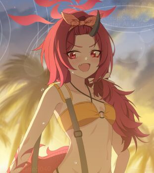 1girl :d backlighting bikini blue_archive blurry blurry_background blush bow breasts collarbone commentary criss-cross_halter dragon_girl dragon_horns dragon_tail eyeshadow fang forehead hair_bow hair_slicked_back halo halterneck highres horns iwaaiso5040 long_hair looking_at_viewer makeup o-ring o-ring_bikini o-ring_top official_alternate_costume official_alternate_hairstyle open_mouth orange_bikini orange_bow outdoors palm_tree red_eyes red_eyeshadow red_hair red_halo renge_(blue_archive) renge_(swimsuit)_(blue_archive) slit_pupils small_breasts smile solo spiked_hair stomach sunset swimsuit tail tree tsurime twitter_username upper_body v-shaped_eyebrows watermark