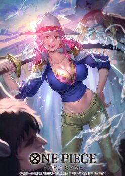 1girl 2boys blonde_hair breasts cape charlotte_linlin clenched_teeth commentary_request copyright_name dai-xt dutch_angle earrings edward_newgate epaulettes eyelashes facial_hair hand_on_own_hip hat highres holding holding_sword holding_weapon horns jewelry kaidou_(one_piece) large_breasts long_hair multiple_boys mustache navel official_art one_piece one_piece_card_game outdoors pink_hair pirate_hat sword teeth v-shaped_eyebrows weapon white_cape