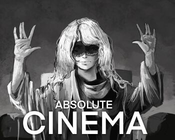 Rule 34 | 1girl, \||/, absolute cinema (meme), absurdres, blindfold, cassie (shadow slave), expressionless, facing viewer, greyscale, hands up, highres, ignoramoose, long hair, meme, monochrome, robe, shadow slave, solo, upper body