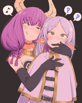 Rule 34 | 2girls, ?, @ @, aura (sousou no frieren), bad end, belt, black background, black belt, black gloves, blue eyes, blush, braid, breasts, capelet, closed mouth, commentary request, covering another's mouth, demon girl, demon horns, earrings, eitopondo, elbow gloves, elf, frieren, gloves, gold, gold choker, gold necklace, green eyes, horns, jewelry, licking lips, long hair, looking at another, looking at viewer, medium hair, multiple braids, multiple girls, musical note, necklace, nervous sweating, pointy ears, purple hair, role reversal, shirt, short eyebrows, simple background, skirt, small breasts, smile, sousou no frieren, spoken musical note, spoken question mark, standing, sweat, thick eyebrows, tongue, tongue out, twintails, upper body, white capelet, white shirt, white skirt, yuri