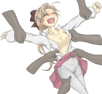 1girl akigumo_(kancolle) blush breasts brown_hair closed_eyes clothes_lift disembodied_hand drooling grey_pantyhose hair_ribbon holding_another's_arm kantai_collection lifting_another's_clothes long_hair mudadamuda nipples open_clothes open_mouth open_shirt panties panties_under_pantyhose pantyhose peeing peeing_self pink_skirt ponytail ribbon saliva skirt skirt_lift small_breasts sweat tears teeth tickling tongue underwear upper_teeth_only white_background