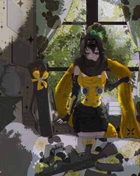 Rule 34 | 1girl, arm support, black scarf, breasts, cocked eyebrow, colored tips, curtains, day, duel monster, elbow gloves, fingerless gloves, floral print, forehead protector, gloves, green eyes, gun, hair between eyes, highres, kunai, large breasts, looking at viewer, multicolored hair, rifle, s-force rappa chiyomaru, s:p little knight, scarf, sidelocks, smug, thighs, torso, tree, uragawai, vase, weapon, window, yu-gi-oh!, yu-gi-oh! master duel