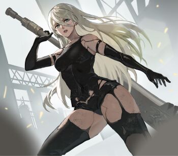 1girl a2_(nier:automata) android arm_strap bare_shoulders black_gloves black_tank_top black_thighhighs breasts double-parted_bangs elbow_gloves floating_hair gloves greatsword green_eyes highres holding holding_behind_back holding_sword holding_sword_behind_back holding_weapon holding_weapon_behind_back huge_weapon long_hair looking_at_viewer medium_breasts mole mole_under_mouth nekoyana nier:automata nier_(series) no_blindfold outstretched_arm parted_lips skin_seams sleeveless solo sword tank_top thighhighs torn_clothes type-4o_blade upper_body weapon white_hair