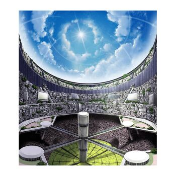 Rule 34 | architecture, blue sky, border, building, cityscape, cloud, cloudy sky, day, hakuchuumu no aojashin, no humans, science fiction, sky, sun, sunlight, transparent border, underground