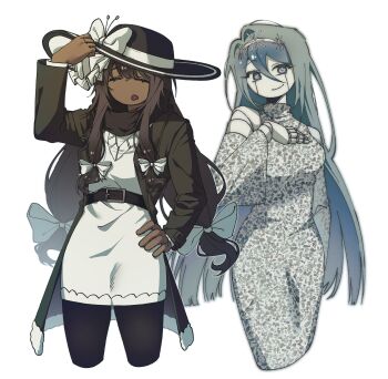 Rule 34 | 000 eclips91017, 2girls, android, arm up, blue eyes, blue hair, bow, brown hair, brown jacket, brown scarf, closed eyes, closed mouth, cowboy shot, dark-skinned female, dark skin, detached sleeves, dress, eunoia (frozen soul), frozen soul, hair bow, hairband, hat, hat bow, highres, jacket, joints, long hair, low-tied long hair, low-tied sidelocks, low twintails, multiple girls, nashatra bealdhild, open mouth, power symbol-shaped pupils, roblox, robot joints, scarf, seams, sidelocks, simple background, smile, sweater, symbol-shaped pupils, turtleneck, turtleneck dress, twintails, very long hair, white background, white bow, white dress, white hairband, white sweater, wide sleeves