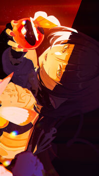 1girl absurdres animal_ears apple black_gloves black_hair bug butterfly commentary_request ear_piercing fingerless_gloves food fruit fur-trimmed_jacket fur_trim gloves grey_jacket half-closed_eyes highres holding holding_food holding_fruit hy_jinx insect jacket jane_doe_(zenless_zone_zero) long_tail looking_at_viewer mouse_ears mouse_girl mouse_tail open_mouth piercing rainbow_refraction red_background red_nails shadow sharp_tail sideways solo tail upper_body zenless_zone_zero