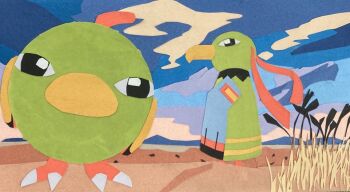 animal_focus bird black_eyes blue_sky claws closed_mouth day evolutionary_line fisheye from_side full_body gen_2_pokemon grass head_tilt looking_at_viewer natu nintendo no_humans outdoors paper_cutout_(medium) papercraft_(medium) pokemon pokemon_(creature) profile sky standing tori_chiritsu traditional_media unconventional_media xatu