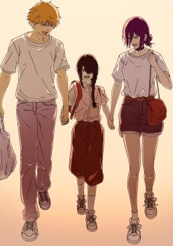 1boy 2girls bag black_choker black_hair blonde_hair blue_pants braid breasts brown_shorts chainsaw_man choker denim denji_(chainsaw_man) full_body grenade_pin hair_between_eyes hair_bun hair_over_one_eye hair_over_shoulder highres holding_hands jeans kino_(kino_ask) long_hair male_focus medium_breasts medium_hair multiple_girls nayuta_(chainsaw_man) open_mouth pants purple_hair red_bag reze_(chainsaw_man) shirt shoes short_hair shorts shoulder_bag single_braid smile sneakers t-shirt updo walking white_shirt white_shoes