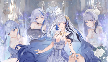Rule 34 | 1girl, absurdres, blue eyes, breasts, cleavage, dress, flower, girls' frontline, girls' frontline neural cloud, grey hair, hair ornament, highres, hubble (ever-radiant star) (neural cloud), hubble (lovely star-dusted night) (neural cloud), hubble (neural cloud), jewelry, large breasts, long hair, multicolored hair, official alternate costume, pov, pov hands, streaked hair, very long hair, wedding dress