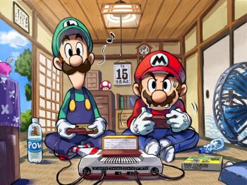 bedroom bottle box calendar cartridge clock controller door drink_bottle facial_hair famicom frustrated game_console game_controller hand_fan hat highres japanese_room luigi mario mario_&amp;_luigi:_brothership mario_&amp;_luigi_rpg mario_(series) mario_bros. mustache nintendo overalls playing playing_games relaxing shirt sitting snoutlet_(mario) socks striped_clothes striped_socks super_mushroom yamari_(ya_mari_6363)