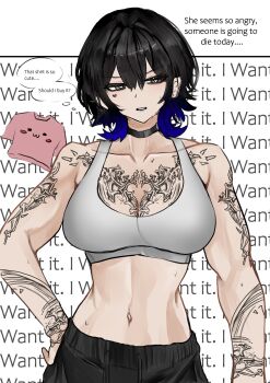 1girl absurdres arm_tattoo black_choker black_hair blue_hair breasts chest_tattoo choker colored_inner_hair heart heart-shaped_pupils highres large_breasts midriff multicolored_hair navel original pants short_hair solo sports_bra symbol-shaped_pupils tattoo toned toned_female wawamachi