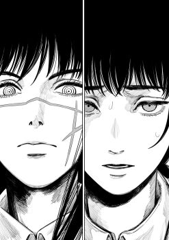 2girls chainsaw_man closed_mouth collared_shirt greyscale highres kiunchiku lower_teeth_only mitaka_asa monochrome multiple_girls open_mouth ringed_eyes shirt split_screen sweat teeth yoru_(chainsaw_man)