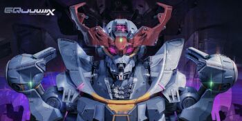 Rule 34 | 3d, blender (medium), character name, clip studio paint (medium), commentary, derivative work, english commentary, exposed internal machinery, glowing, glowing eyes, gquuuuuux, gundam, gundam gquuuuuux, highres, krypppp, lens flare, logo, looking at viewer, mecha, mecha focus, mobile suit, no humans, portrait, purple eyes, realistic, robot, science fiction, title, upper body, v-fin