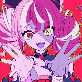 1girl colored_skin commentary double_bun fangs green_outline grey_skin hair_bun heterochromia highres hololive hololive_indonesia kureiji_ollie long_hair lubya open_mouth outline patchwork_skin red_background red_eyes smile stitched_face stitches symbol-only_commentary symbol-shaped_pupils virtual_youtuber x-shaped_pupils yellow_eyes zombie