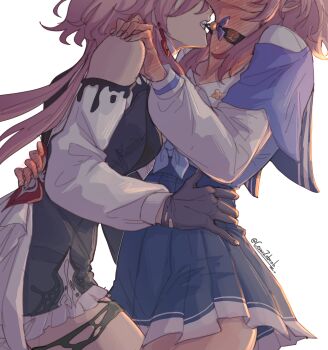 Rule 34 | 2girls, biting, blush, breasts, cesar zebrah, choker, commentary, dress, earrings, english commentary, evernight (honkai: star rail), gloves, hand on another's shoulder, hand on another's waist, highres, honkai: star rail, honkai (series), jewelry, long hair, long sleeves, march 7th (honkai: star rail), march 7th (preservation) (honkai: star rail), medium hair, multiple girls, off shoulder, pink hair, selfcest, shirt, single bare shoulder, single earring, skirt, thigh strap, very long hair, white background, yuri