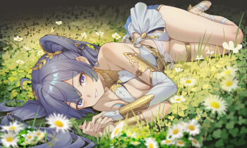 1girl absurdres aluo_7762 armlet blue_eyes blue_hair breasts flower full_body gold_armlet grass grin hair_ornament highres iuno_(wuthering_waves) jewelry leaf_hair_ornament looking_at_viewer lying medium_breasts on_side parted_lips smile solo thighlet thighs white_flower wuthering_waves