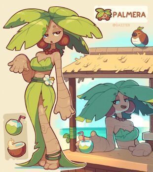 1girl absurdres bird chestnut_mouth coconut coconut_tree drinking_straw earrings food_stand gaziter highres jewelry leaf_bra leaf_skirt midriff monster_girl necklace original palm_leaf palm_tree plant_girl smile solo tree