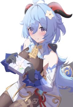 1girl absurdres ahoge bare_shoulders bell black_gloves blue_hair blush brown_pantyhose detached_sleeves flower ganyu_(genshin_impact) genshin_impact gift gloves gold_trim hair_flower hair_ornament highres holding holding_gift horns jewelry long_hair looking_at_viewer low_ponytail moni_(moni7475) neck_bell pantyhose ponytail purple_eyes red_rope rope sidelocks sitting smile solo thighlet vision_(genshin_impact) white_background white_sleeves